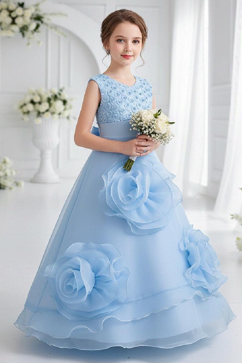 Sleeveless V-Neck Organza Floor Length Flower Girl Dresses 1029248406776 - 7 Days / Sky Blue / 110cm - COCOMELODY